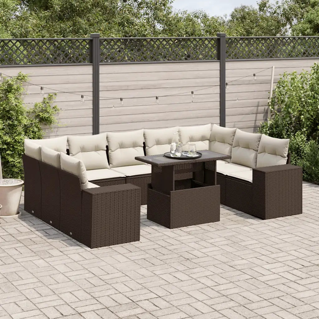 Set Divani da Giardino 10pz con Cuscini in Polyrattan Marrone