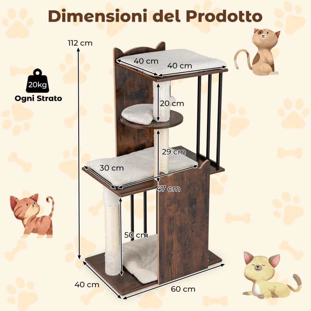 Albero per Gatti Alto 112 cm, Tiragraffi per Gatti in Legno con Posti a Grattare in Sisal, Palline Appese, Cuscini Morbidi Rimovibili e Lavabili, Tiragraffi Gatto per Arrampicata