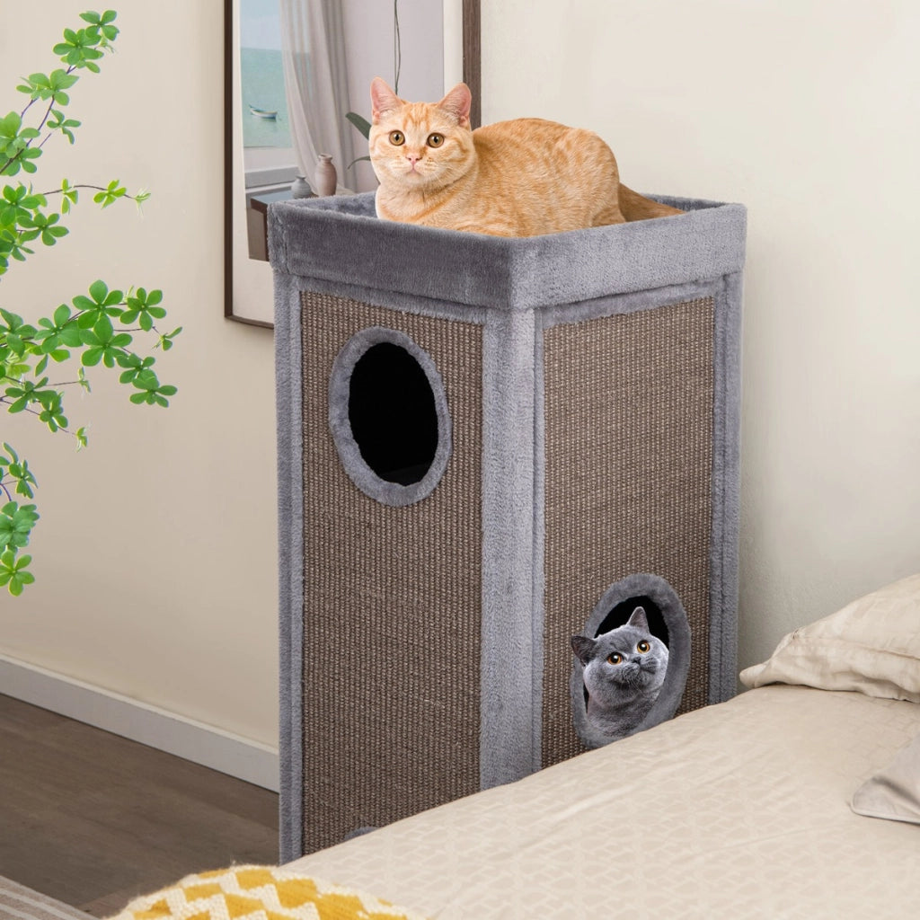 Condominio per gatti alto 99 cm con trespoli per graffiare 3 nascondigli 4 morbidi cuscini in peluche, Casa per gatti a 4 piani Grigio
