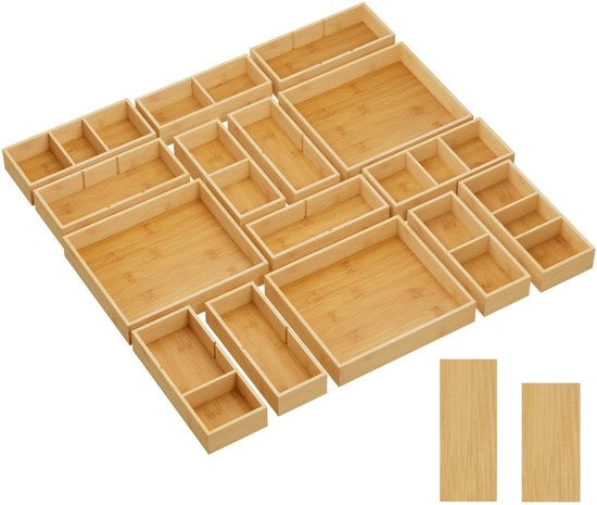 Set di organizzatori di carrello 15 pezzi con 6 accessori, cassettiera regolabile con 11 compartimenti, separatori di carrello in legno per stoviglie, organizzatore di bagno, trucco, ufficio, bagno