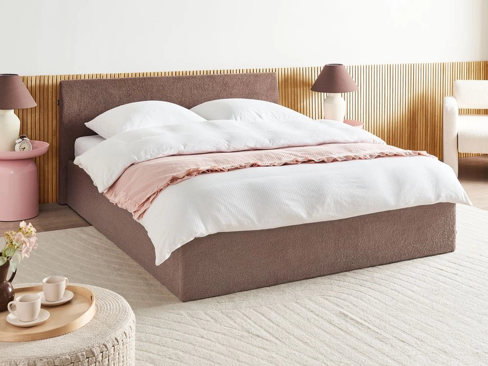 Letto matrimoniale bouclé marrone 180 x 200 cm con contenitore rialzato con testiera