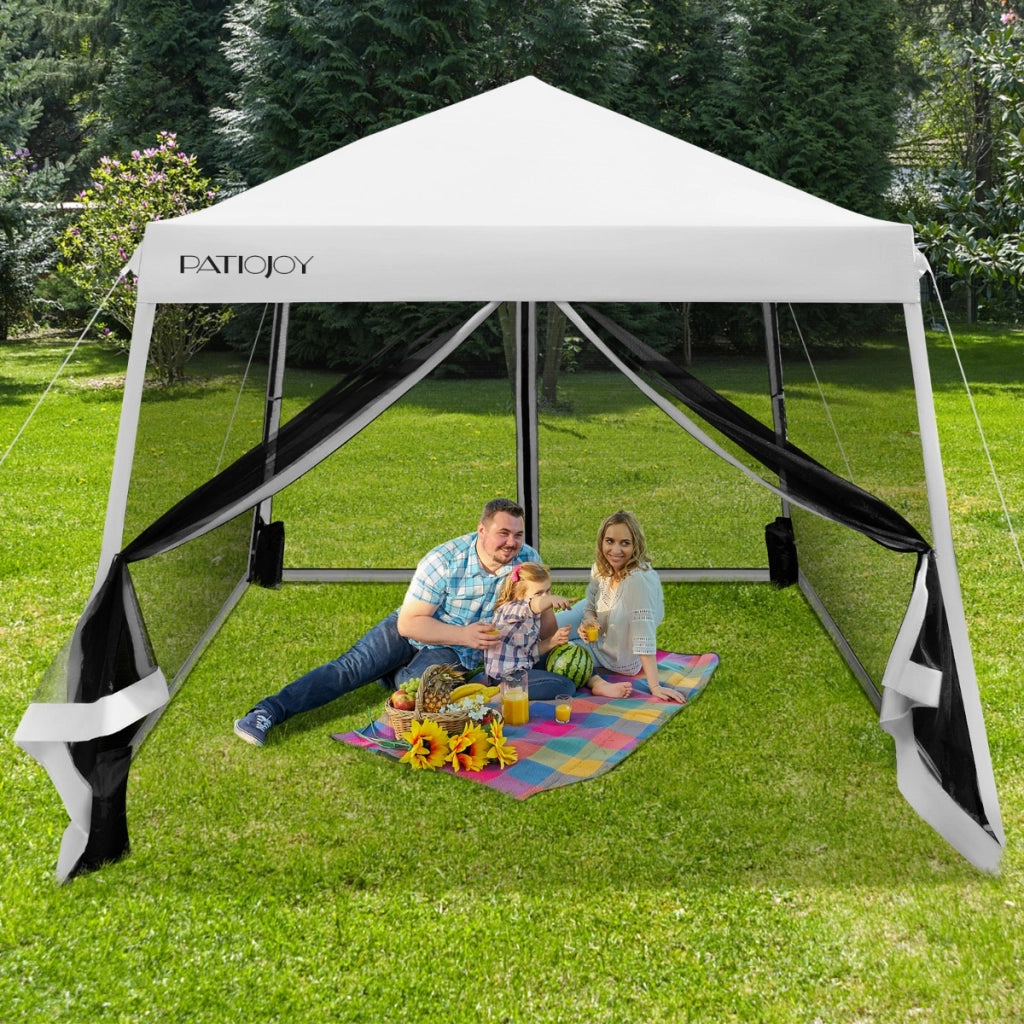 Tenda pieghevole con gambe inclinate e pareti laterali in rete borsa a rullo, Gazebo regolabile in altezza Bianco-Gazebo