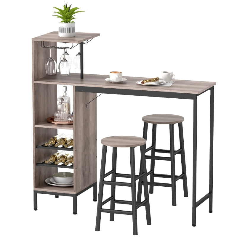 Set tavolo bar 3 pezzi con portabottiglie, portabicchieri e 2 sgabelli salvaspazio grigio