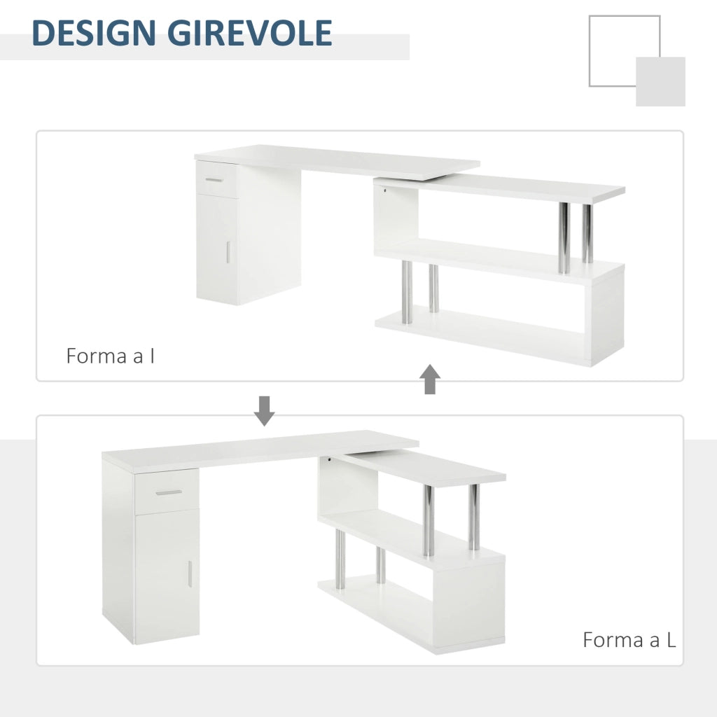 Scrivania Angolare Moderna in Legno con Cassetto, Armadietto e Mensole, Arredamento per Ufficio e Casa, Bianco