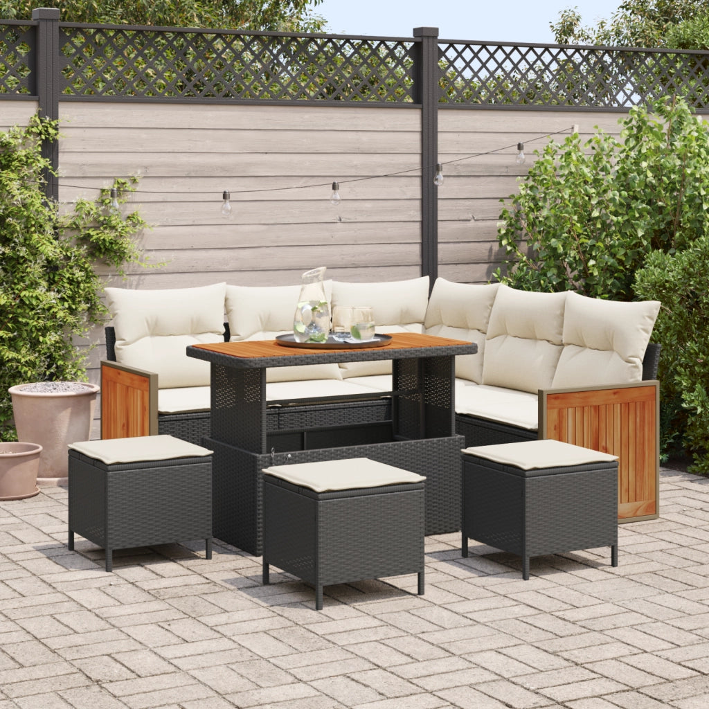Set di Divano da Giardino 9 Pezzi con Cuscini Nero Polyrattan Legno d'Acacia