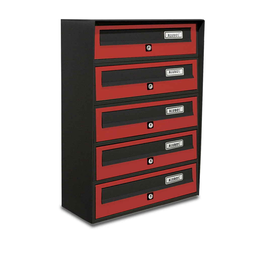 ALUBOX SLIM Cassette Postali Condominiali 5 Posti 63X39X30 Cm In Lamiera Zincata E Alluminio Cassetta Postale Da Esterno Condominiale Con Sistema Anti Prelievo COLORE: ANTRACITE ROSSO