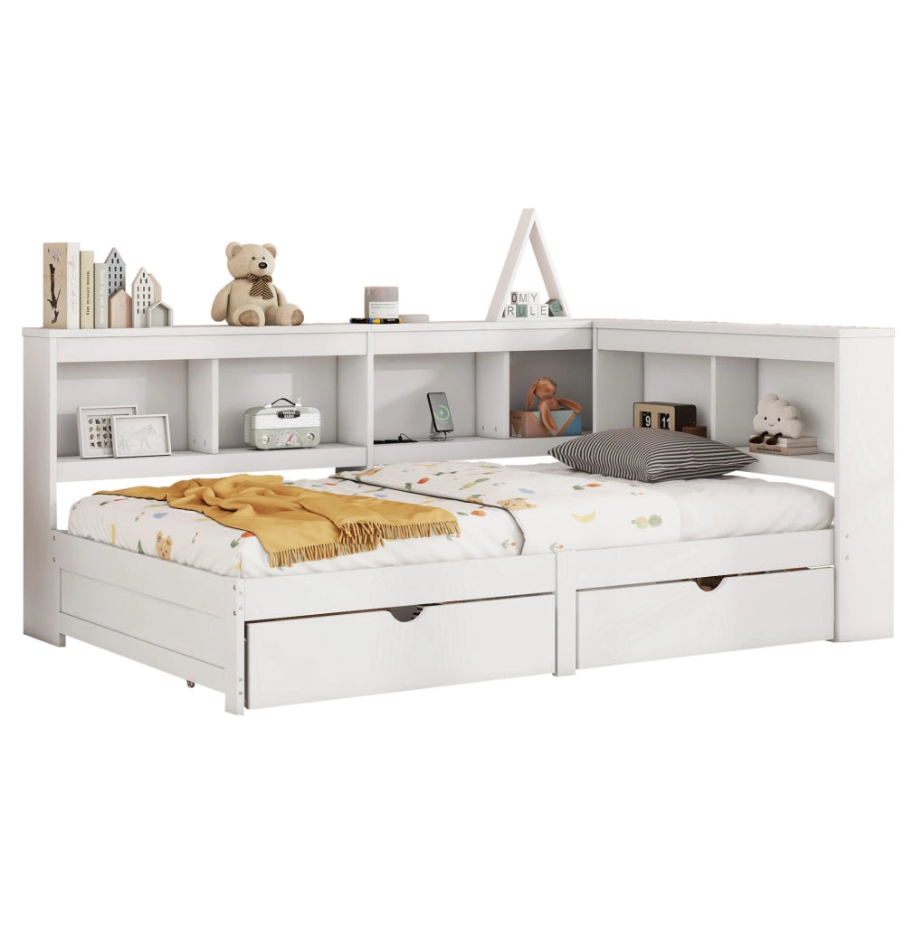Letto a divano 90x200 cm con 2 cassetti, prese USB e ripiani laterali