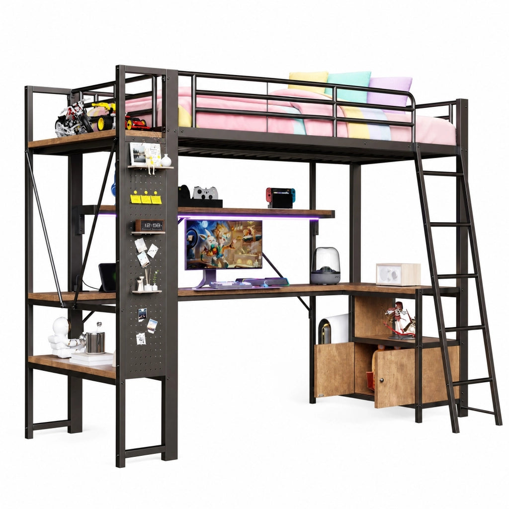 Letto a soppalco 90x200 cm con scrivania, LED, ripiani e USB