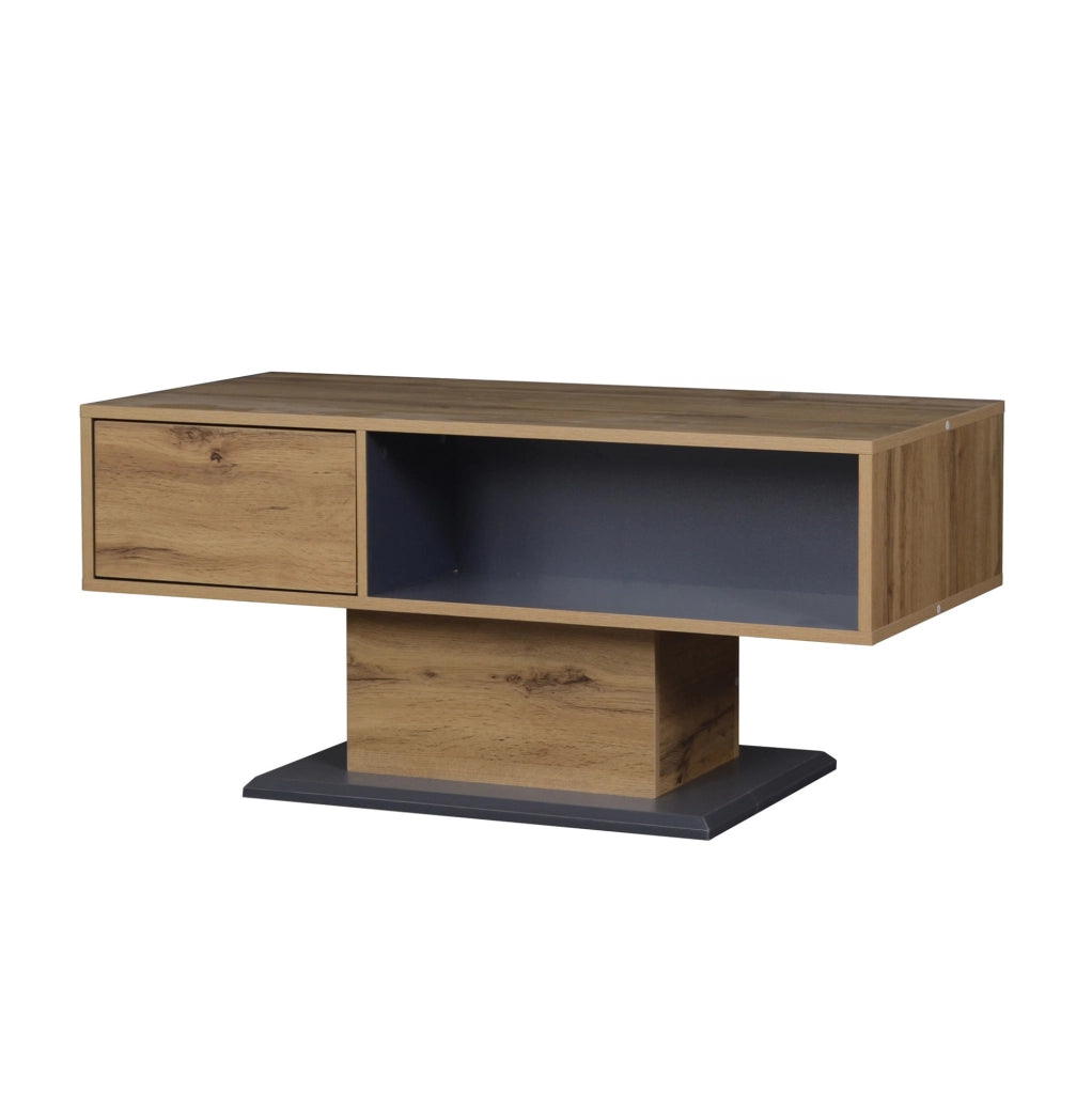 Tavolino da salotto moderno 100 x 50 x 46;5 cm con doppio vano portaoggetti; rovere e grigio