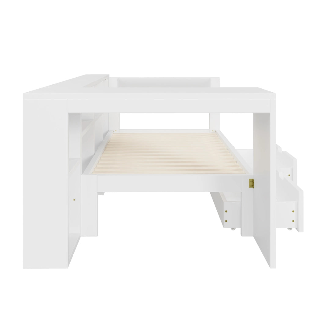 Letto singolo 90 × 200 cm con testiera imbottita, ripiani, 2 cassetti, USB, LED, senza materasso, bianco