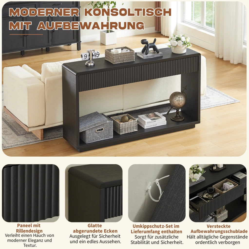 Tavolo consolle da ingresso 150 cm con 2 cassetti e ripiano aperto; nero