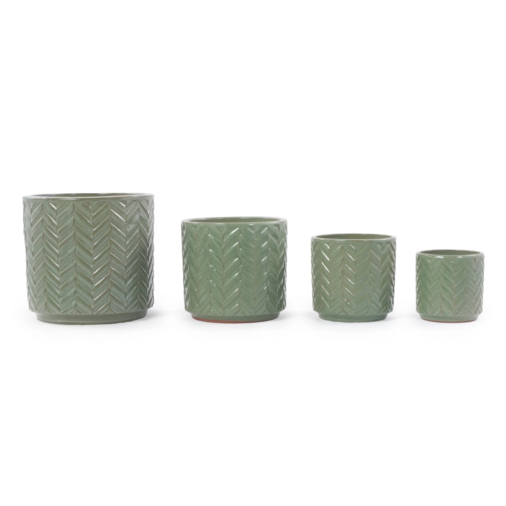 VASO PORTAPIANTE in ceramica Ø31,5 cm Verde salvia lucido con rilievo a spina di pesce