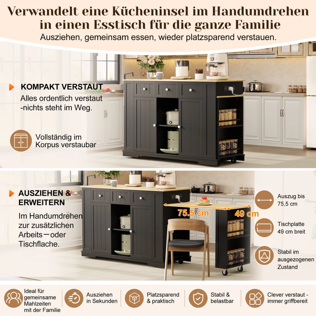 ISOLA DA CUCINA ESTENSIBILE 138(213) x 55 x 93 cm MDF Nero/Naturale