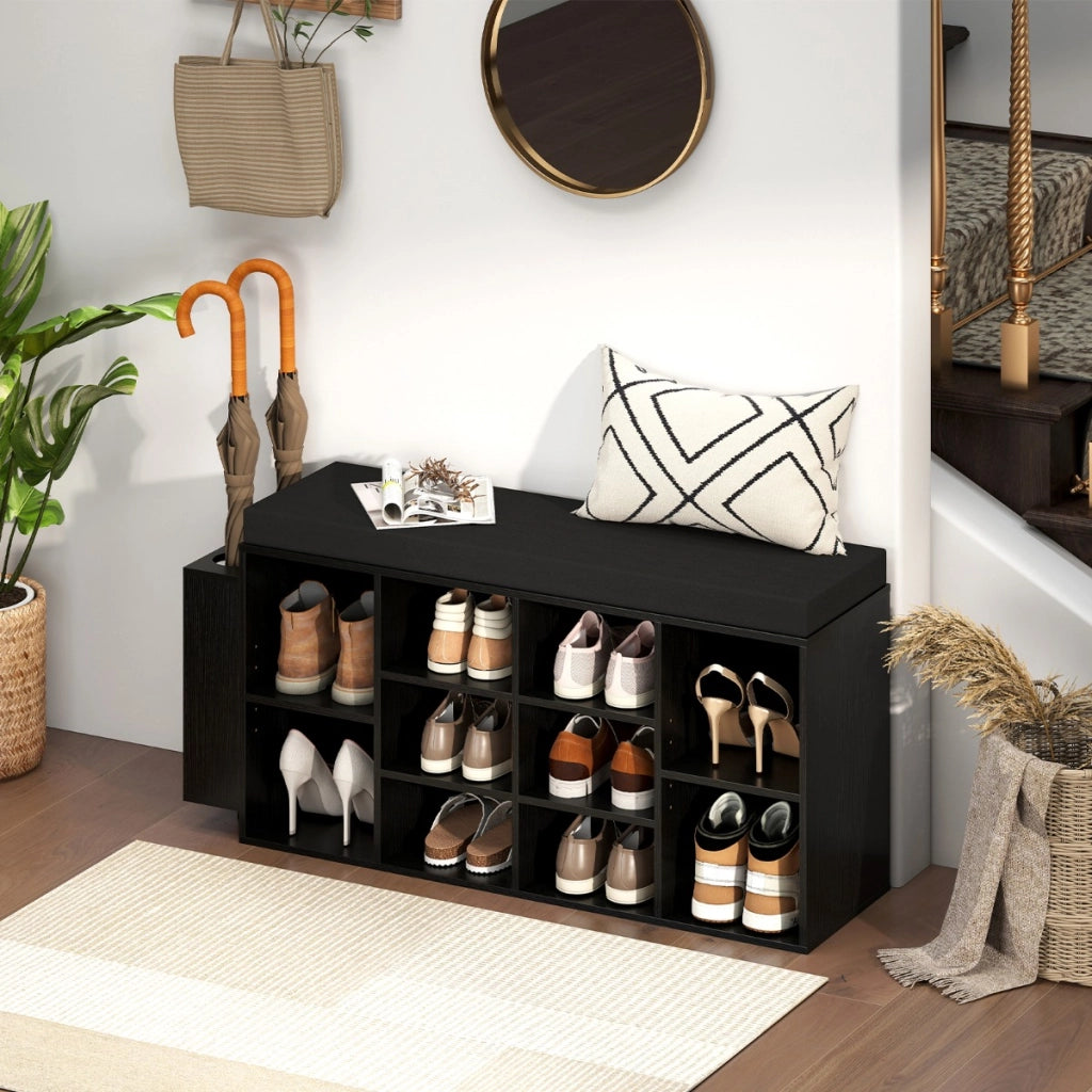 Panca porta scarpe scarpiera a 10 scomparti con seduta imbottita, Panca porta scarpe con portaombrelli Nero-Scarpiere
