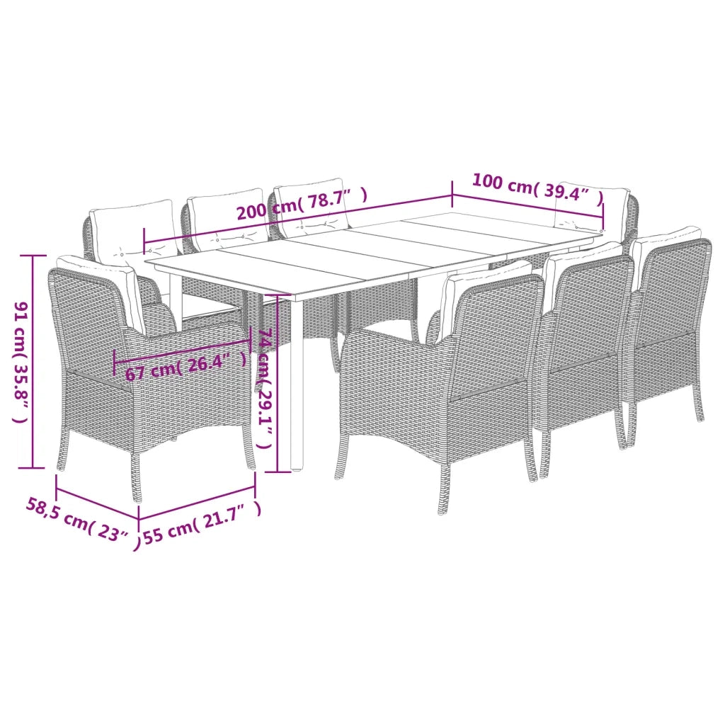 Set da Pranzo da Giardino 9pz con Cuscini Marrone in Polyrattan 3211947