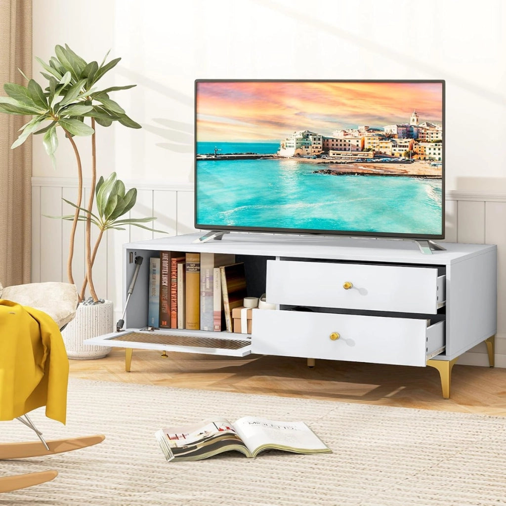 Porta tv 55¡± mobile console con scomparti e porta a ribalta in vetro-Mobile Porta TV Centro di intrattenimento per soggiorno Grigio Chiaro