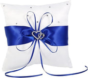 Cuscino per anelli con decorazione di lana - Cuscino per anelli da matrimonio - Cuscino romantico con fiocchi e due cuori in pietra - Custodia per anelli da matrimonio per cerimonie di spiaggia e feste - Blu