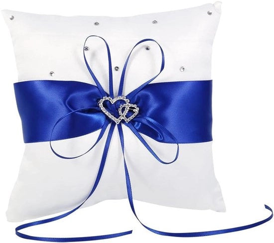 Cuscino per anelli con decorazione di lana - Cuscino per anelli da matrimonio - Cuscino romantico con fiocchi e due cuori in pietra - Custodia per anelli da matrimonio per cerimonie di spiaggia e feste - Blu