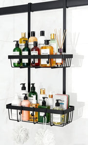 Scaffale per doccia senza perforazione - Appoggio con 2 contenitori di stoccaggio - 8 ganci rimovibili - Adatto per bagno/cucina - Montaggio semplice - Ideale per lo stoccaggio - Scaffale per stoccaggio