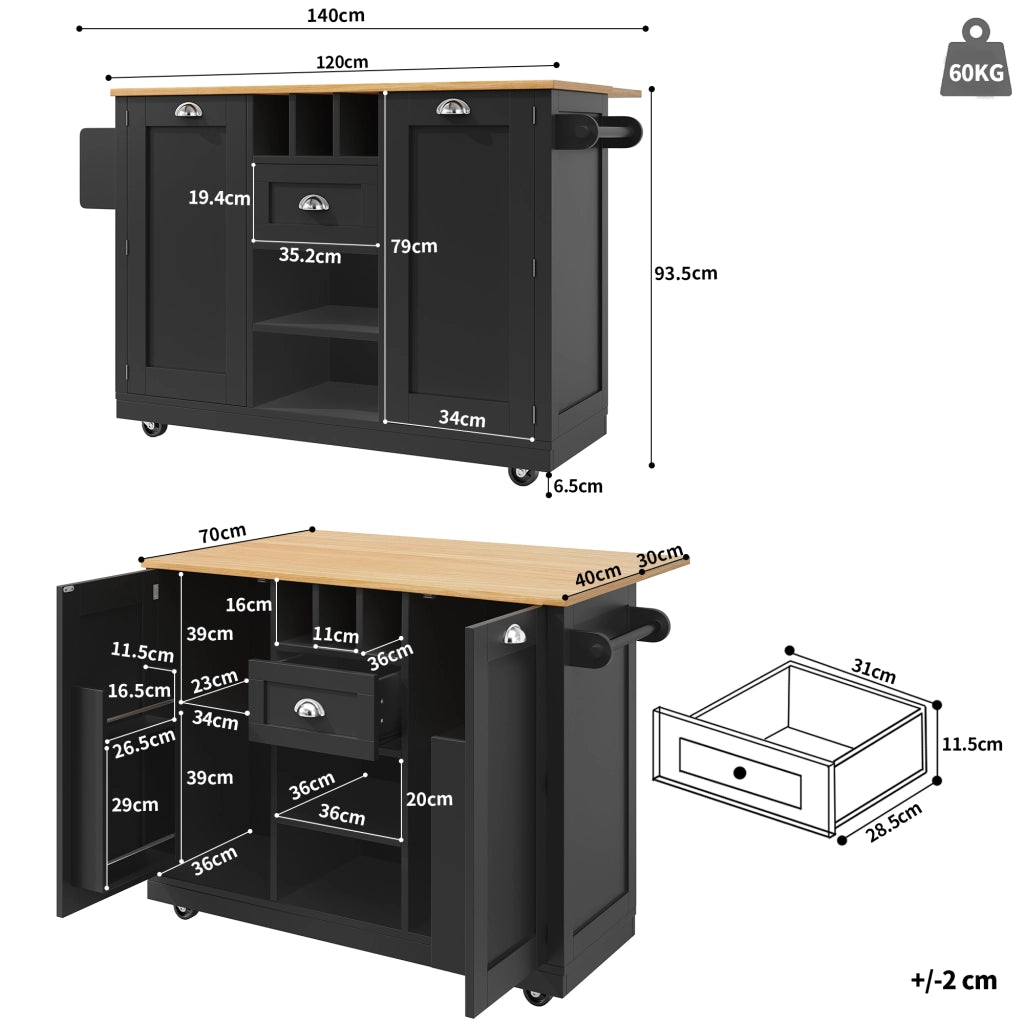 Carrello da Cucina con 1 Cassetto; 2 Ante; Portabottiglie; Portasciugamani e Ruote; in MDF; 140 x 40 x 93;5 cm; Nero