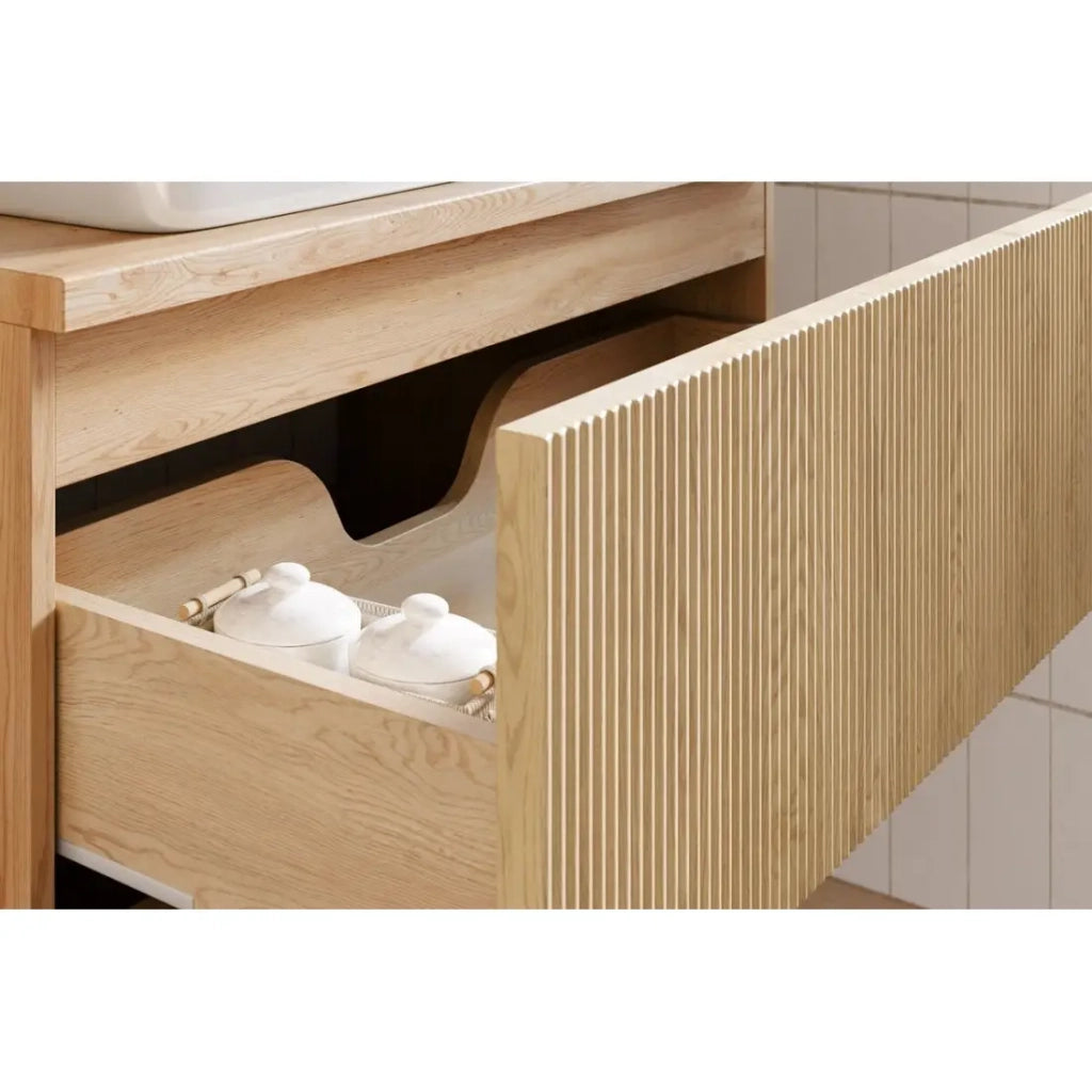 Set da bagno NATURA 80cm: mobile sottolavabo + piano per lavabo in aspetto legno chiaro scanalato verticalmente