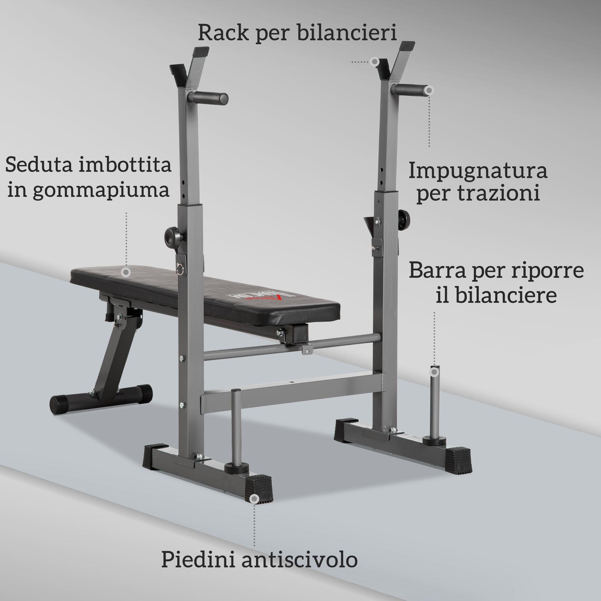 Panca Pesi Pieghevole con 8 Altezze Regolabili e Supporto Bilanciere in Acciaio e PU Grigio