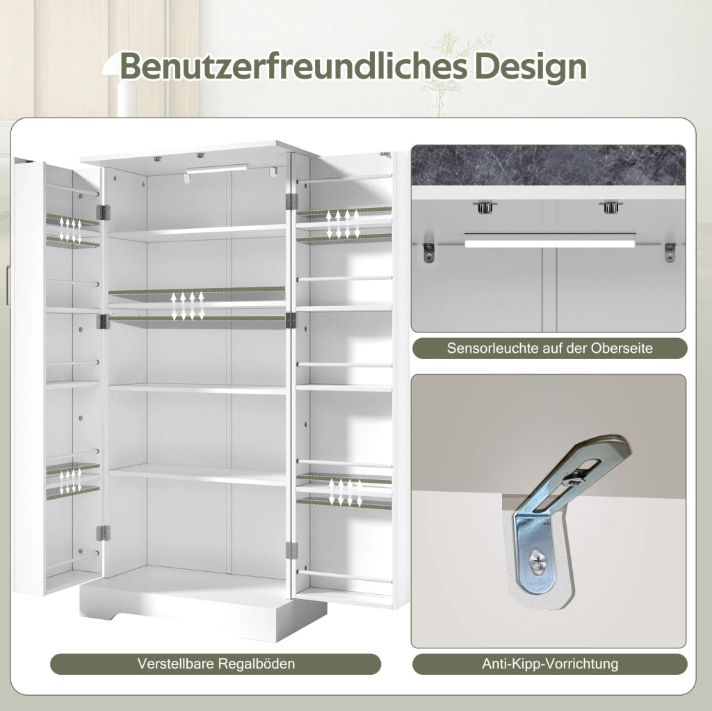 Credenza da cucina 60x35x128 cm bianca in PB e MDF con luce LED USB e ripiani regolabili