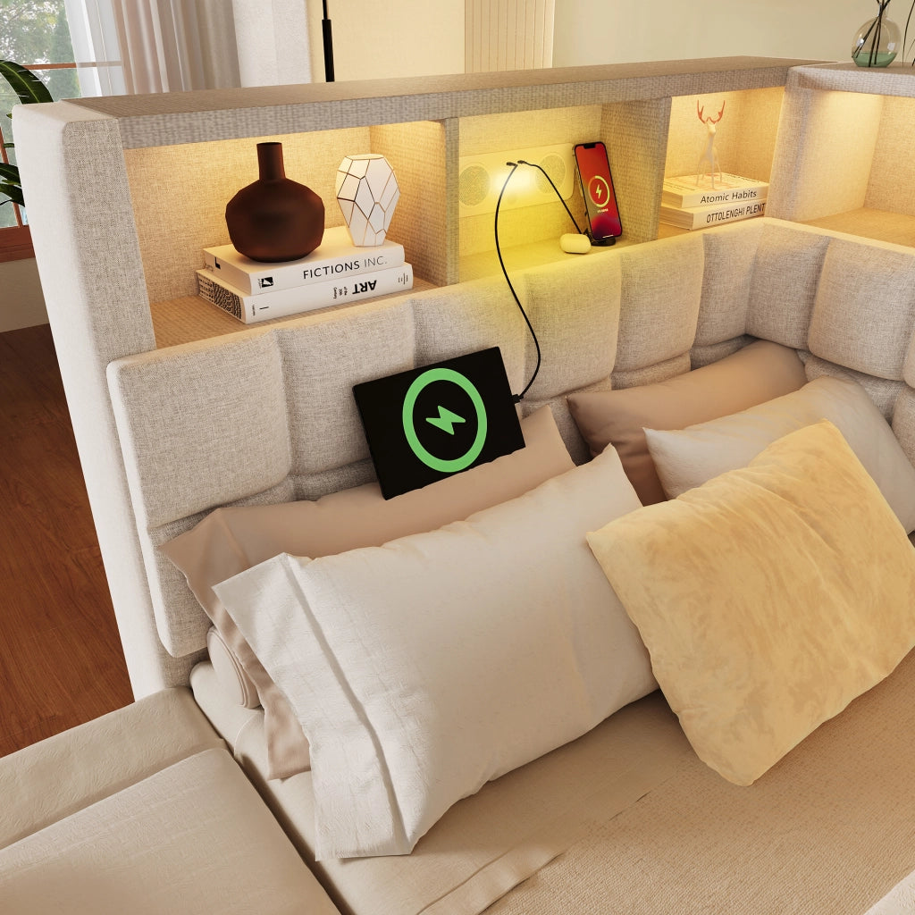 Letto imbottito con letto estraibile 90x200 cm; LED; Bluetooth; USB e Type-C; beige