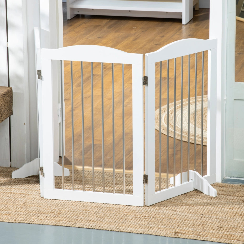 Barriera estensibile a forbice pieghevole per cani in MDF con supporti per porte e scale bianco 154 × 30 × 80 cm