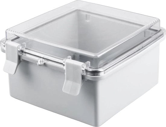Scatola di connessione acqua resistente 150 x 150 x 90 mm - scatola di collegamento impermeabile per esterni IP65 - coperchio trasparente apribile - contenitore vuoto.