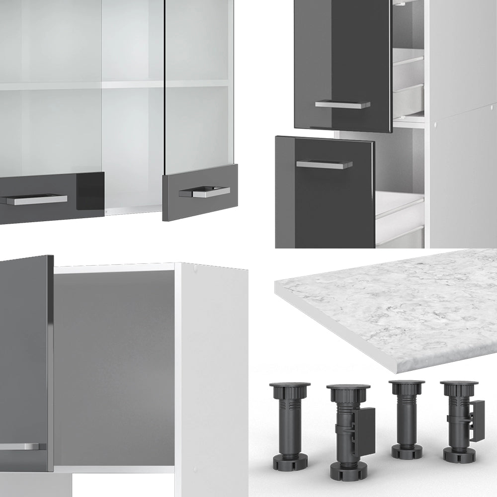 Mobile da cucina R-Line Antracite lucido/Bianco 350 cm con armadio alto, PL Antracite Vicco
