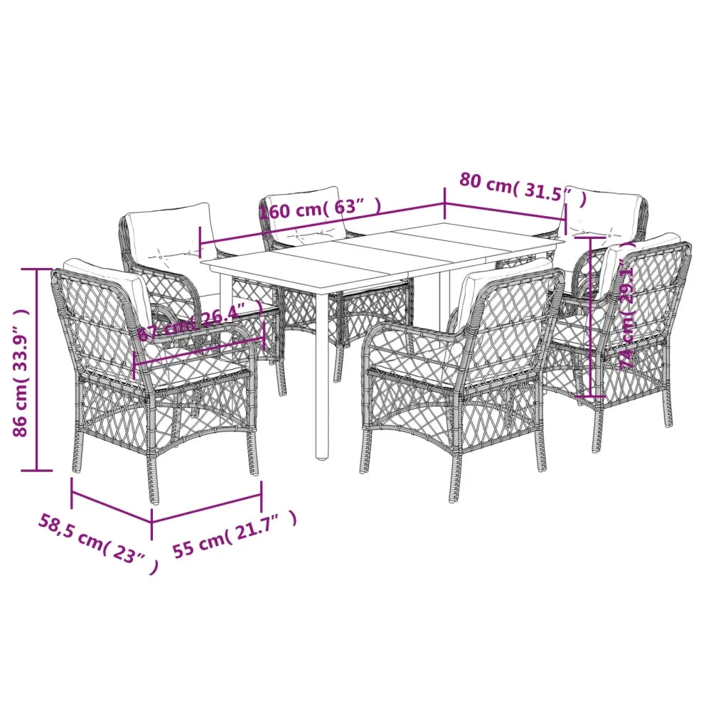 Set da Pranzo da Giardino 7 pz Cuscini Polyrattan Grigio Chiaro