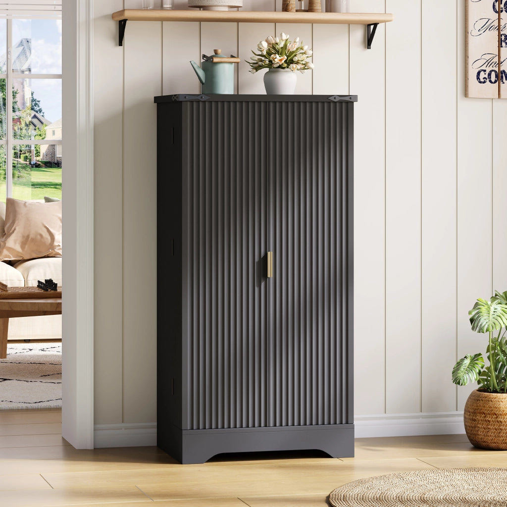 Dispensa alta con LED e ripiani regolabili con 2 ante e vani per cucina e soggiorno in MDF nero 120 × 60,5 × 40 cm