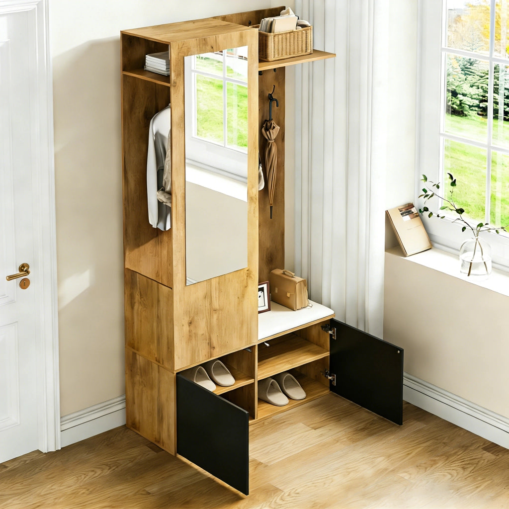 Ensemble de meubles de salon appendiabiti, specchio, panca portascarpe, MDF nero e naturale
