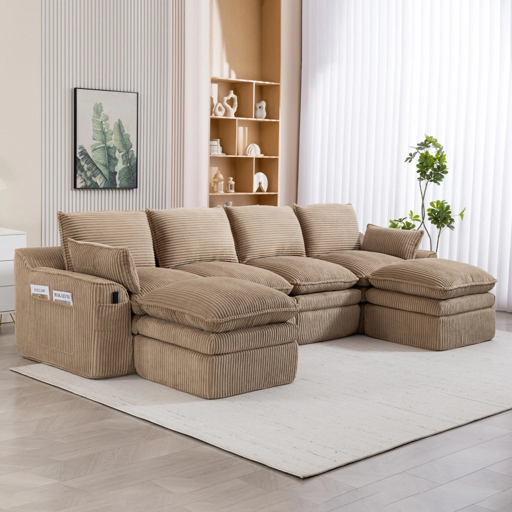 Divano modulare in tessuto a coste kaki con tasche laterali e cuscini 335 × 167 × 85 cm