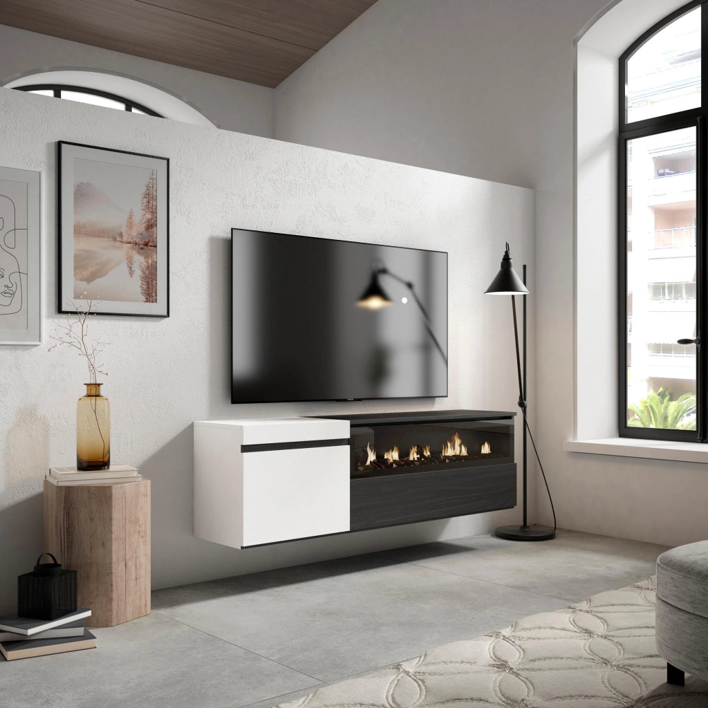 Mobile TV Soggiorno, 150x35x45cm, Per TV fino a 65", Camino elettrico, da appendere, Bianco e nero RF2450