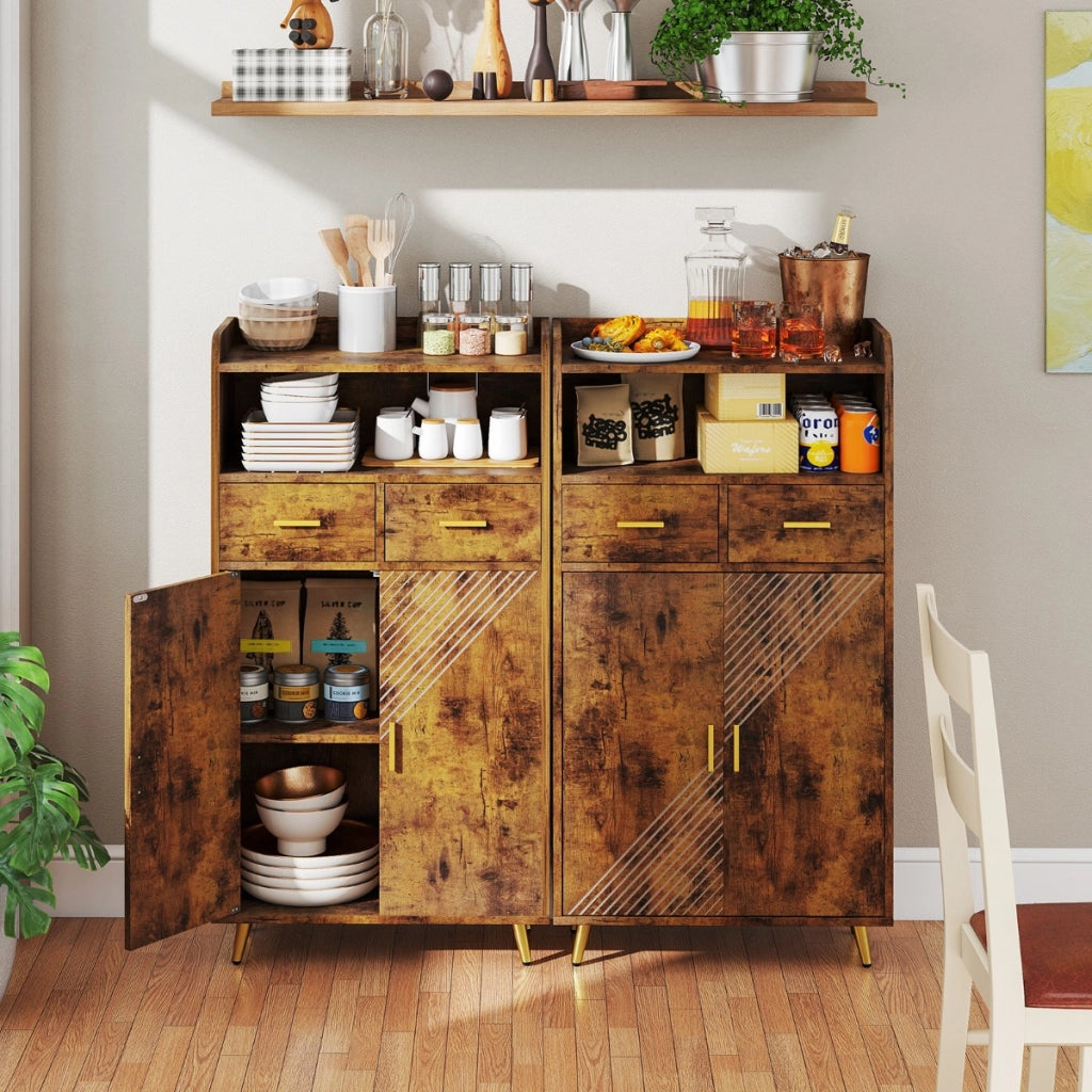 Mobile dispensa 113 cm con ante 2 cassetti e ripiano regolabile per bagno, Armadio da cucina sala da pranzo soggiorno Marrone-Credenze buffet