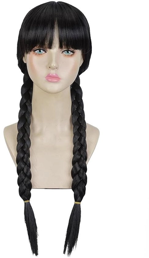 Pruika con coda e doppie trecce - Capelli in sintetico - Fissaggio adattabile - Ideale per Halloween e feste tematiche