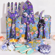 Set di attrezzi da giardinaggio per donne, 6 pezzi con disegno di fiori, comprensivo di zappatrice, forchetta, cesoie, 2 candele e guanti, regalo per Madre e compleanno per mamme, giardinieri (blu)