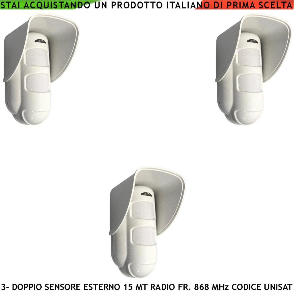 Sensore Movimento Doppia Tecnologia da Esterno IP54 Copertura 15 Metri Grandangolo o 25 Metri Tenda 3 Pezzi Via Radio Freq. 868 MHz Bidirezionale Codice UNISAT