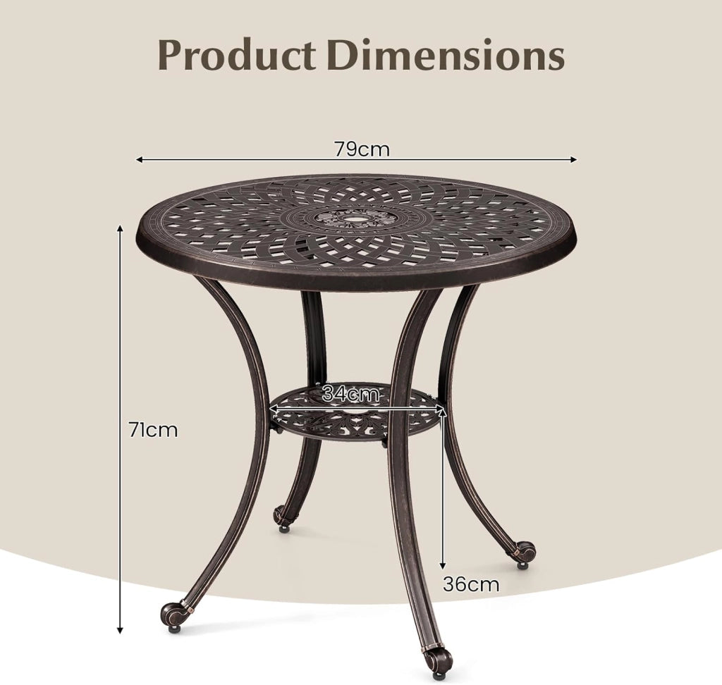 Tavolo da giardino rotondo da balcone φ79 cm, con foro per ombrellone φ5 cm e ripiano inferiore, in alluminio pressofuso, resistente alle intemperie, tavolino da pranzo, tavolino da caffè per