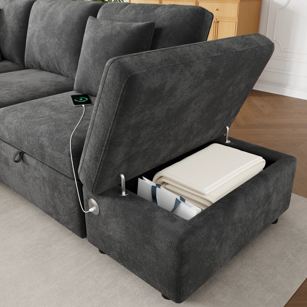 SOFA ANGOLARE MODULARE 247,5x172x87 cm in chenille grigio, con 2 pouf e 3 cuscini