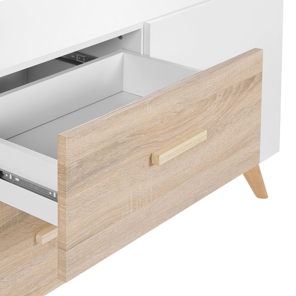Credenza Bianca e Legno Chiaro MDF 2 Cassetti Scaffali Armadio Gambe in Legno Portaoggetti Soggiorno