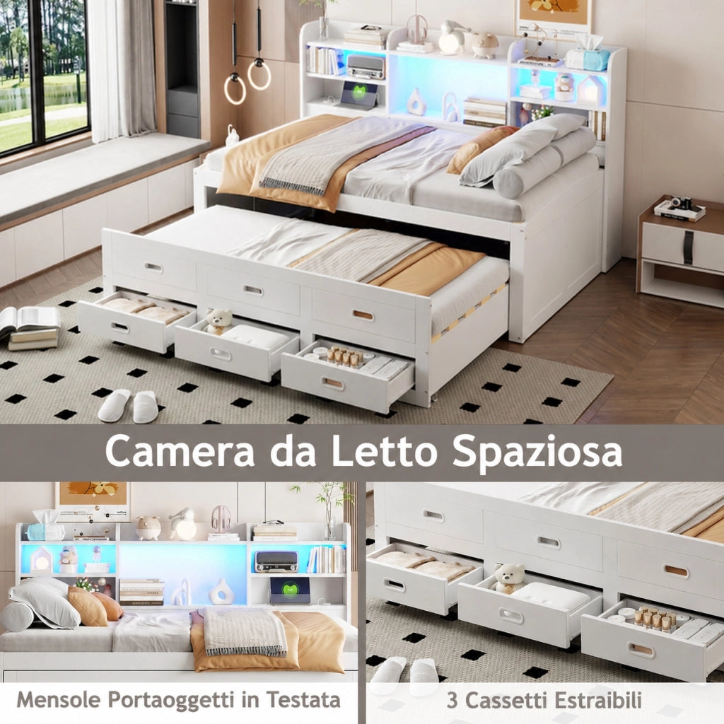 Letto divano singolo 90x200 cm con contenitore idraulico LED USB e USB C; lino e MDF; beige