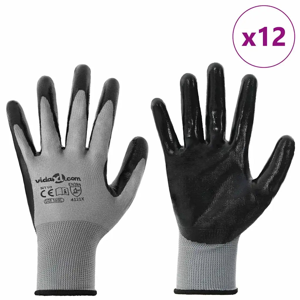 Guanti da Lavoro 12 pz Grigio e Nero 10 / xl Poliestere CFW8091234