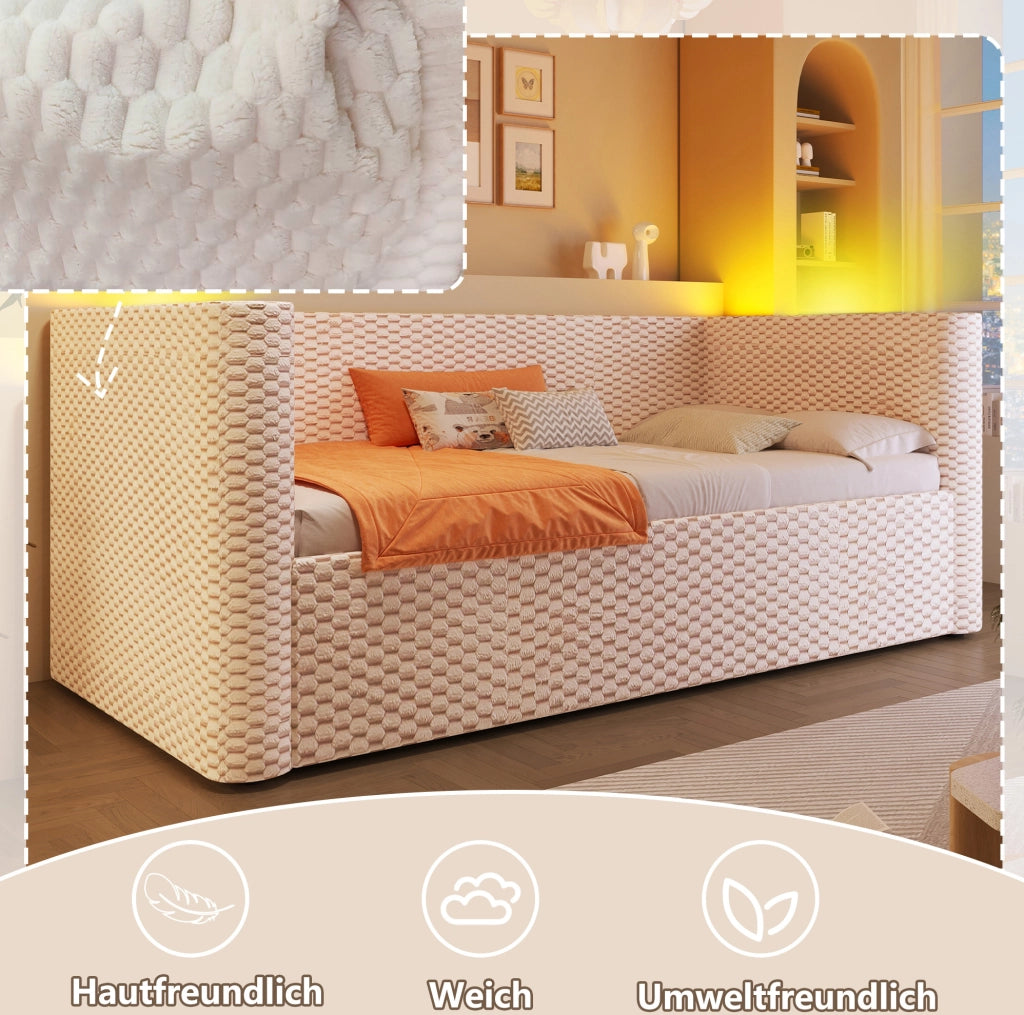 Divano letto 90x200 cm in velluto beige con LED e vano contenitore