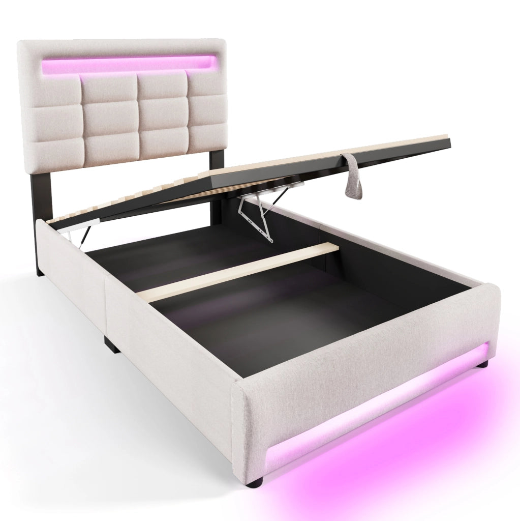 Letto imbottito 90x200 cm con contenitore idraulico e LED APP in lino