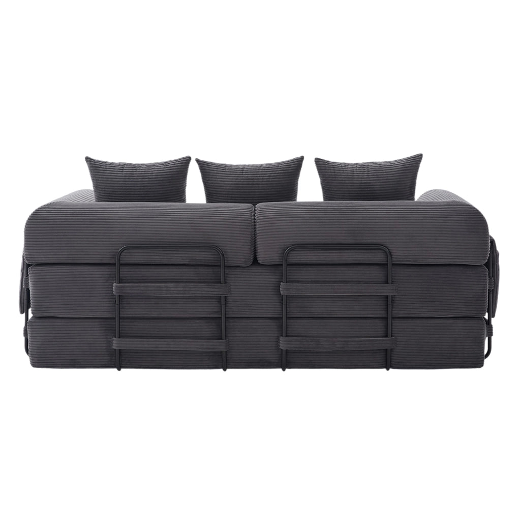 Divano modulare 200x94 cm grigio scuro in velluto a coste; 3 cuscini e tasca laterale