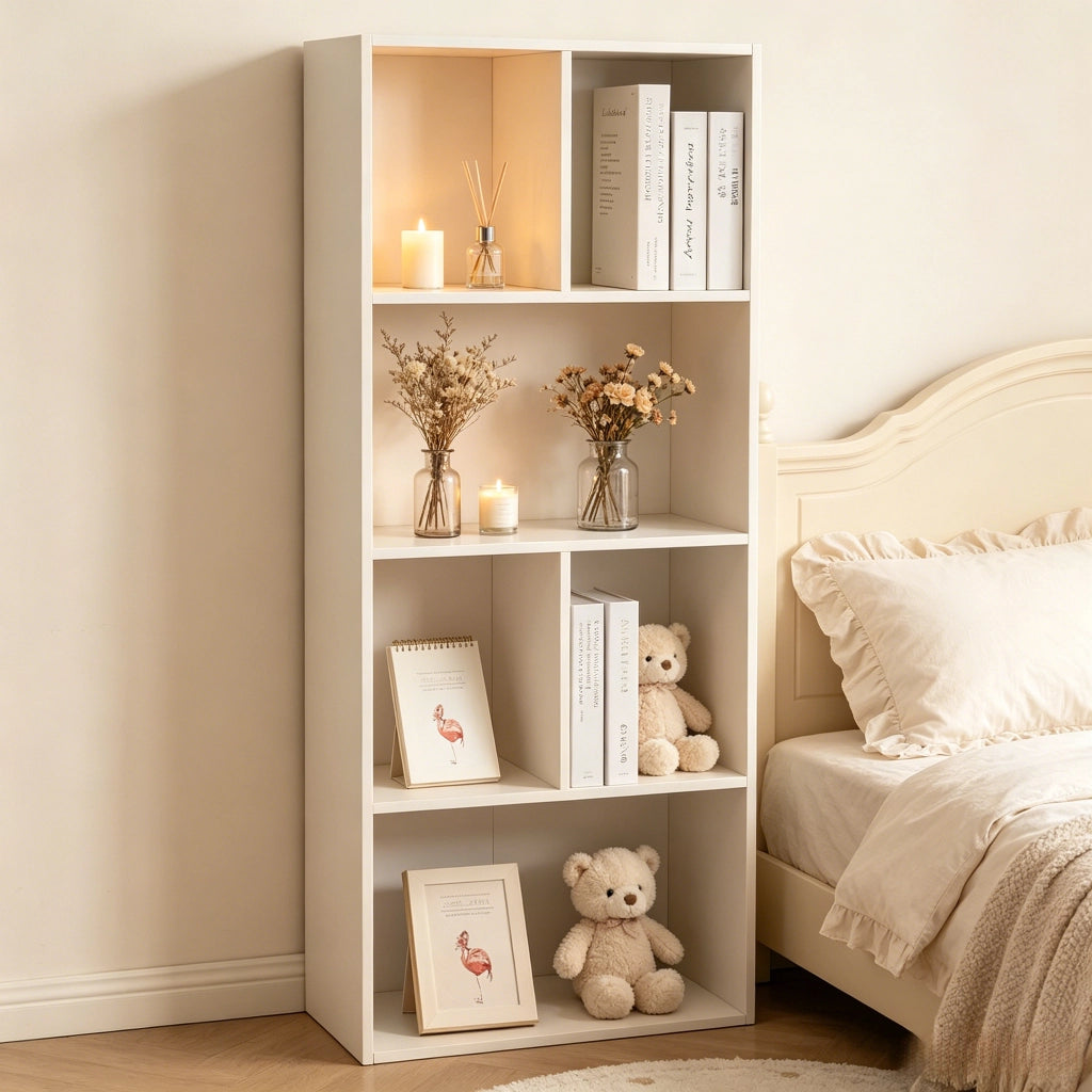 Libreria da terra bianca con 6 scomparti, struttura in MDF, 50 x 30 x 118 cm
