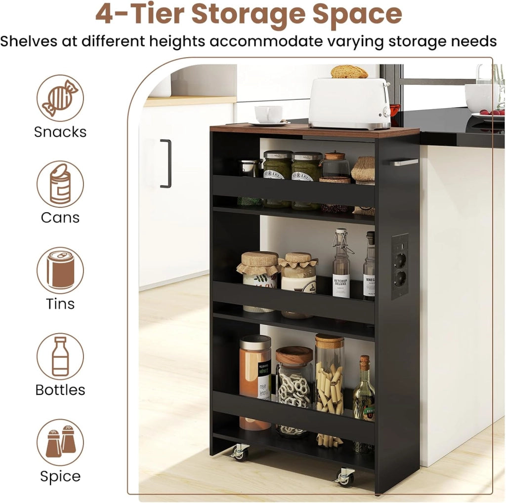 Carrello Portaoggetti a 4 Ripiani con Ruote Rirevoli a 360°, Carrellino Scorrevole con Maniglia Slim, da Bagno, Cucina, Lavanderia, 47,5 x 20 x 80,5 cm (Nero e Marrone, Con Presa)